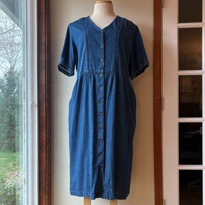 VTG 90s Midi Denim Dress V Neck Short Sleeves Teacher-core Pockets Plus Size 3X